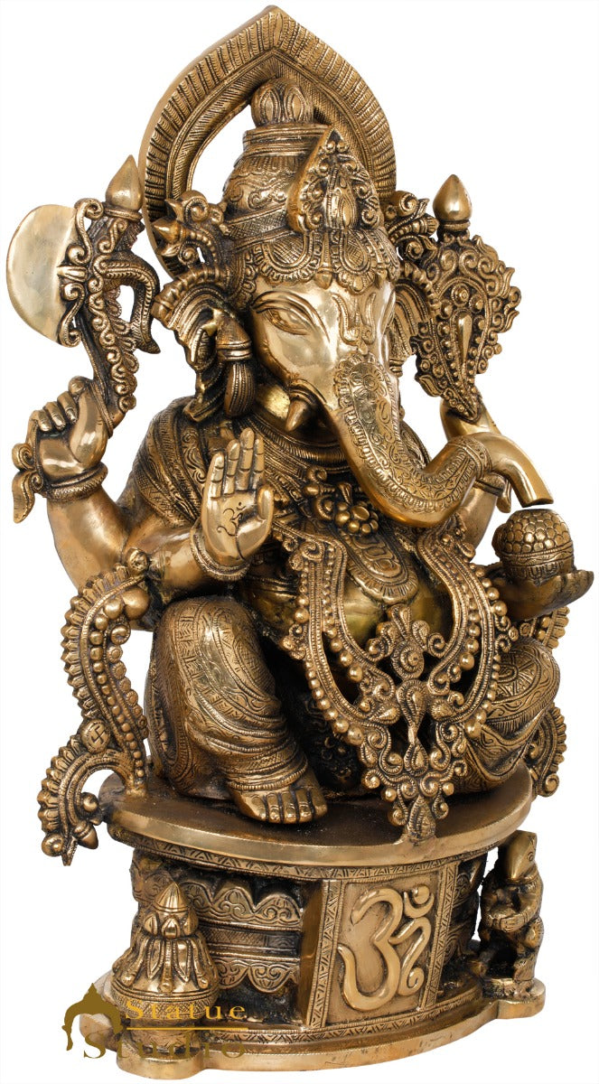 Brass Ganesha Statue Seated On OM Base Ganpati Idol Lucky Home Décor 2 Feet - Image 3