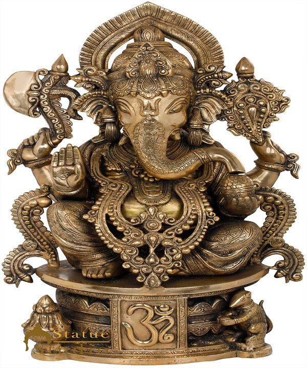 Brass Ganesha Statue Seated On OM Base Ganpati Idol Lucky Home Décor 2 Feet - Eco-friendly - Sama Homes