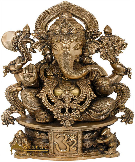 Brass Ganesha Statue Seated On OM Base Ganpati Idol Lucky Home Décor 2 Feet