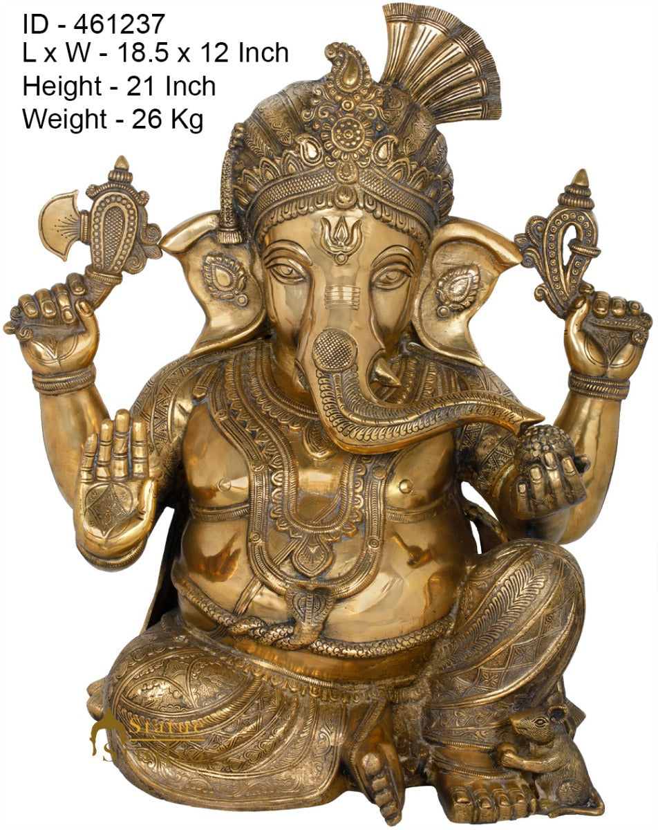 Brass Ganesha Statue Sitting Ganpati Idol Lucky Home Office Temple Garden Décor 21"