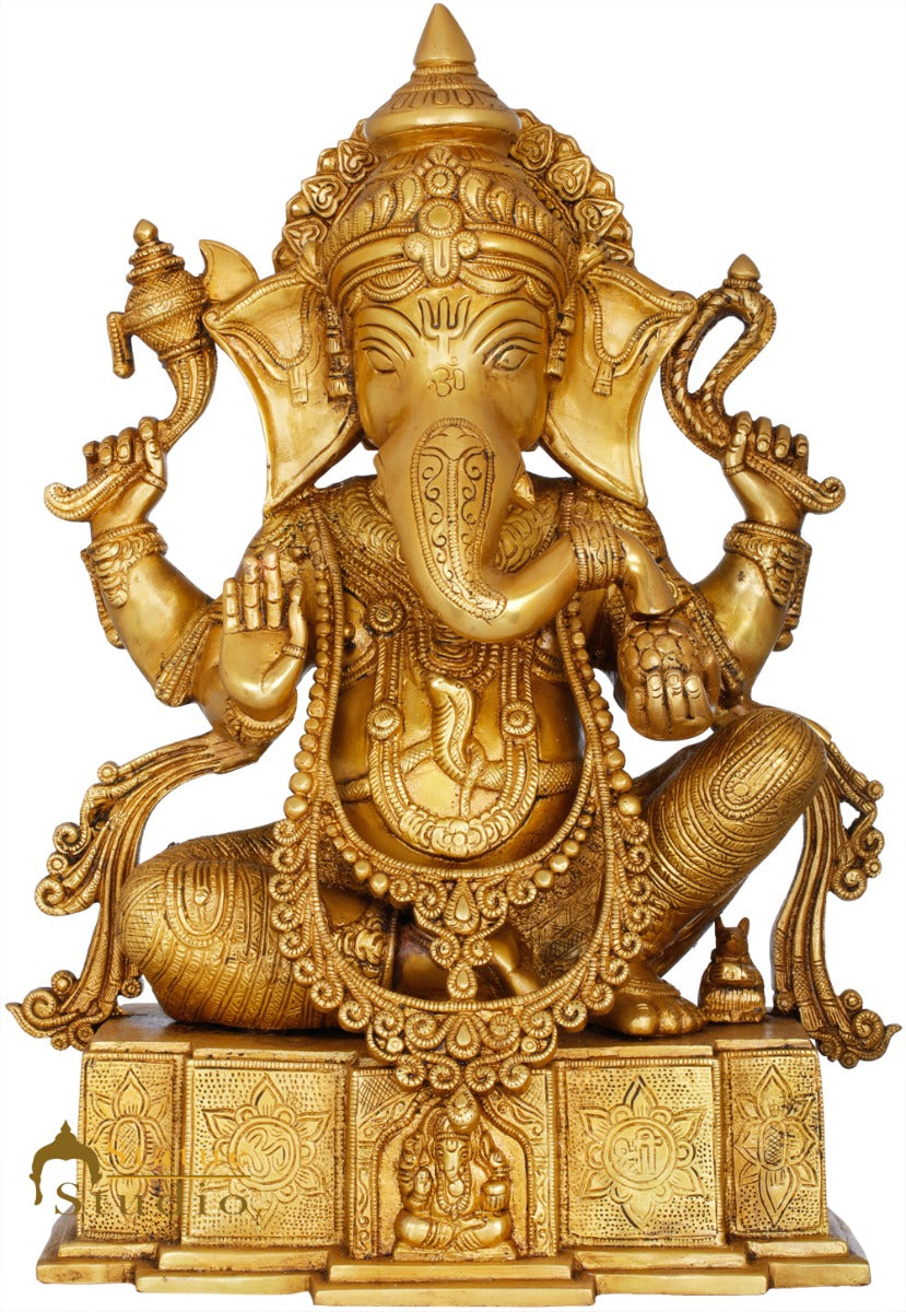 Brass Ganesha Statue Seated On OM Base Ganpati Idol Lucky Home Décor 18"