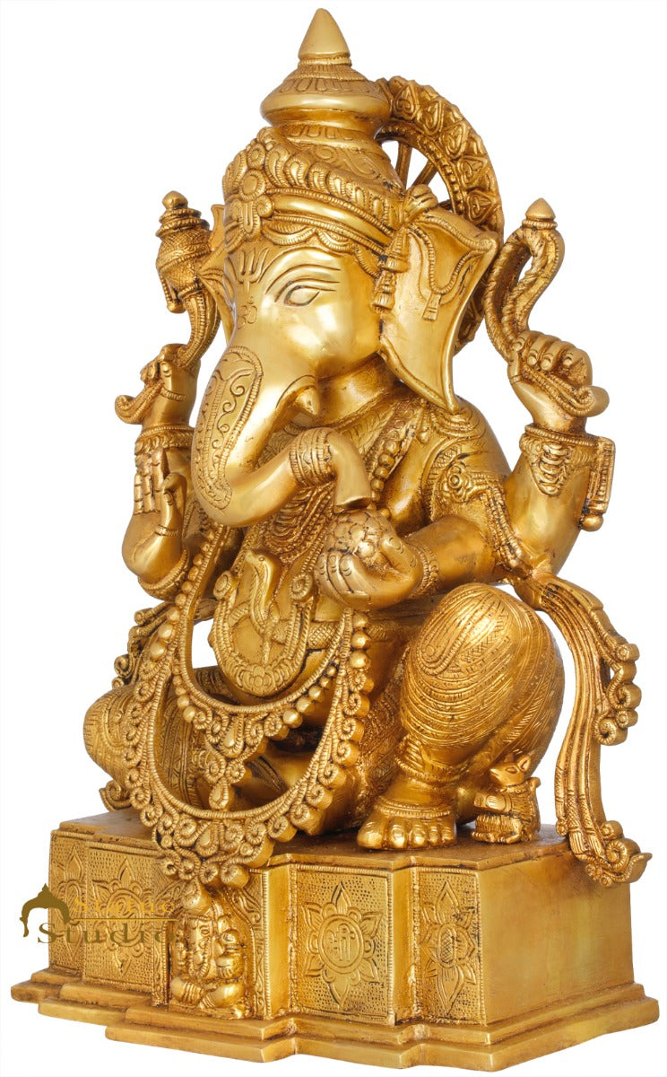 Brass Ganesha Statue Seated On OM Base Ganpati Idol Lucky Home Décor 18" - Image 3