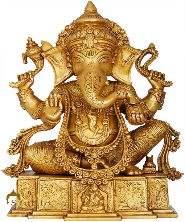 Brass Ganesha Statue Seated On OM Base Ganpati Idol Lucky Home Décor 18" - Eco-friendly - Sama Homes