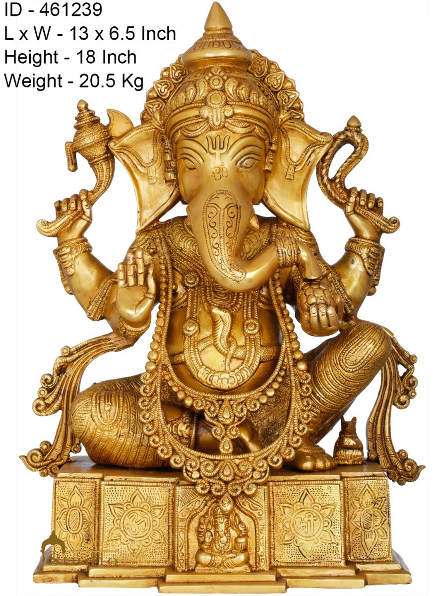 Brass Ganesha Statue Seated On OM Base Ganpati Idol Lucky Home Décor 18" - Image 4