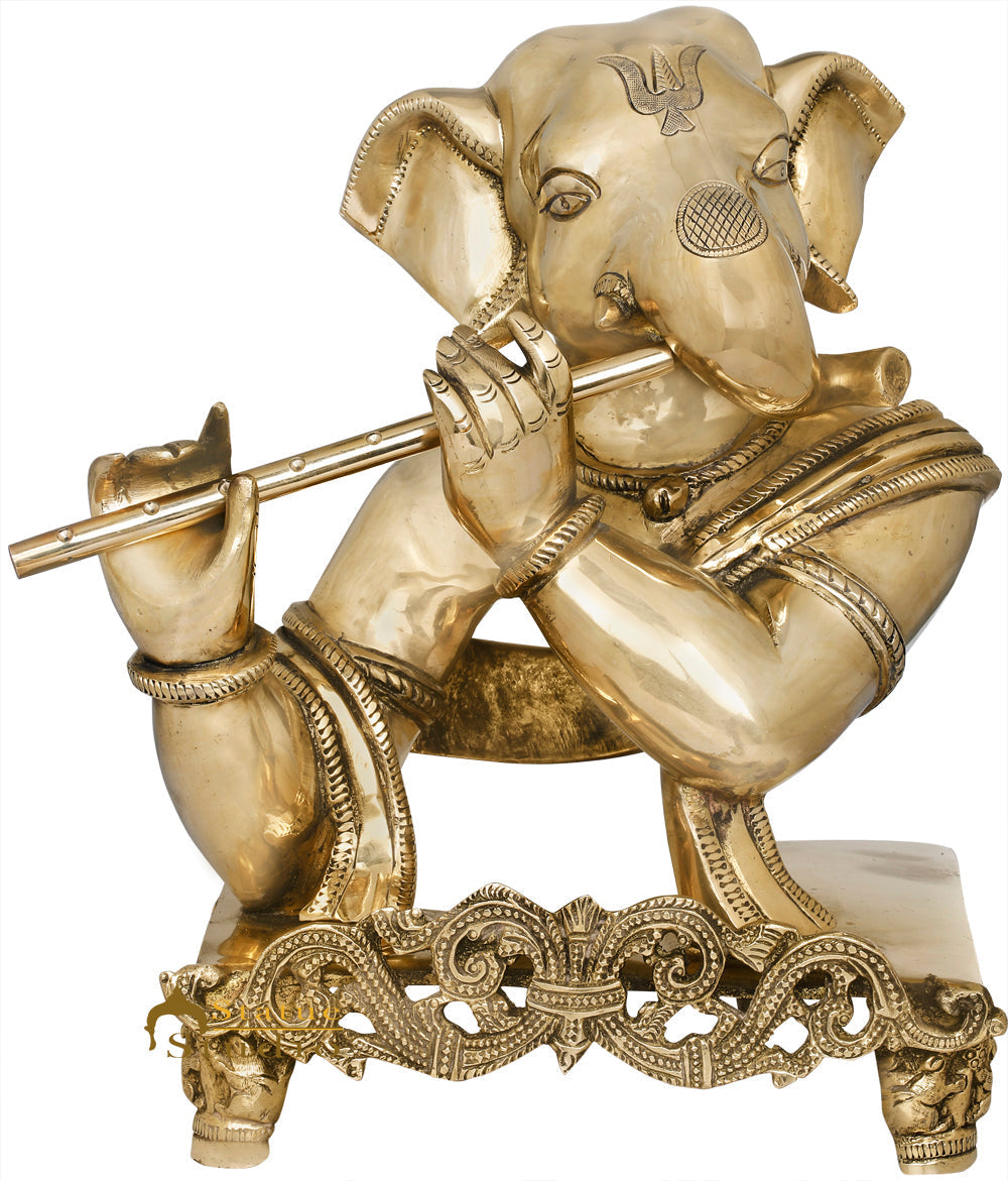 Brass Ganesha Statue With Flute For Home Decor Showpiece 11"