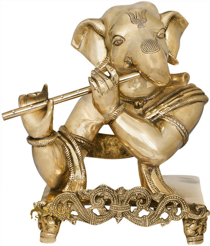 Brass Ganesha Statue With Flute For Home Decor Showpiece 11" by vendor-unknown - Hindu Gods (View 3)