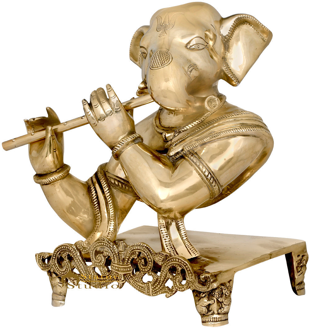 Brass Ganesha Statue With Flute For Home Decor Showpiece 11" - Image 4