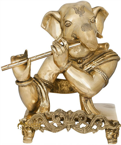 Brass Ganesha Statue With Flute For Home Decor Showpiece 11" by vendor-unknown - Hindu Gods (View 2)