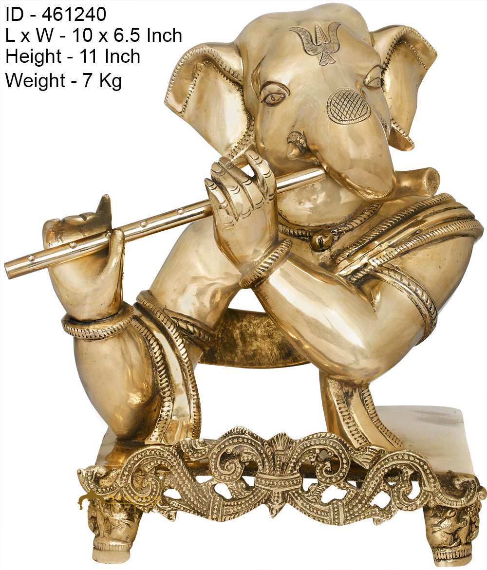Brass Ganesha Statue With Flute For Home Decor Showpiece 11" - Image 5