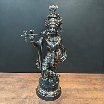 Brass Large Krishna Idol Antique Finish 3 Feet by vendor-unknown - Hindu Gods