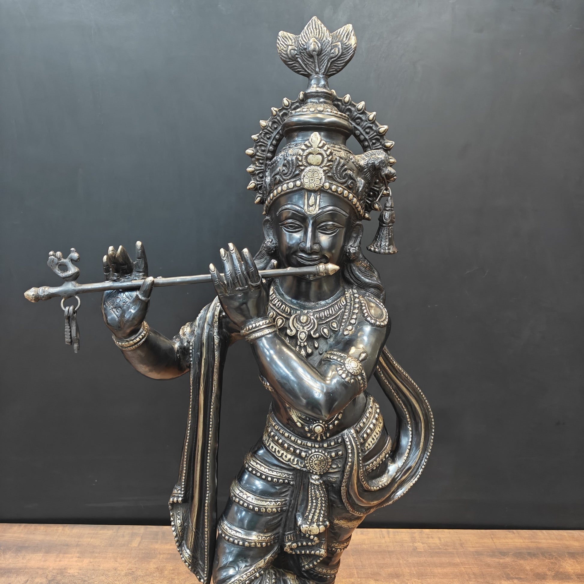 Brass Large Krishna Idol Antique Finish 3 Feet - Image 2