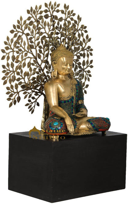 Brass Buddha Statue Sitting On Wooden Base Under Bodhi Tree Décor Showpiece 34" by vendor-unknown - Buddha (View 3)