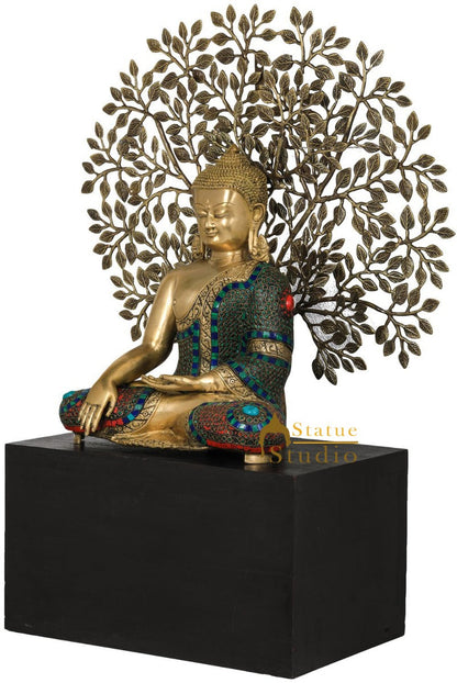 Brass Buddha Statue Sitting On Wooden Base Under Bodhi Tree Décor Showpiece 34" by vendor-unknown - Buddha (View 4)