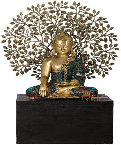 Brass Buddha Statue Sitting On Wooden Base Under Bodhi Tree Décor Showpiece 34" by vendor-unknown - Buddha