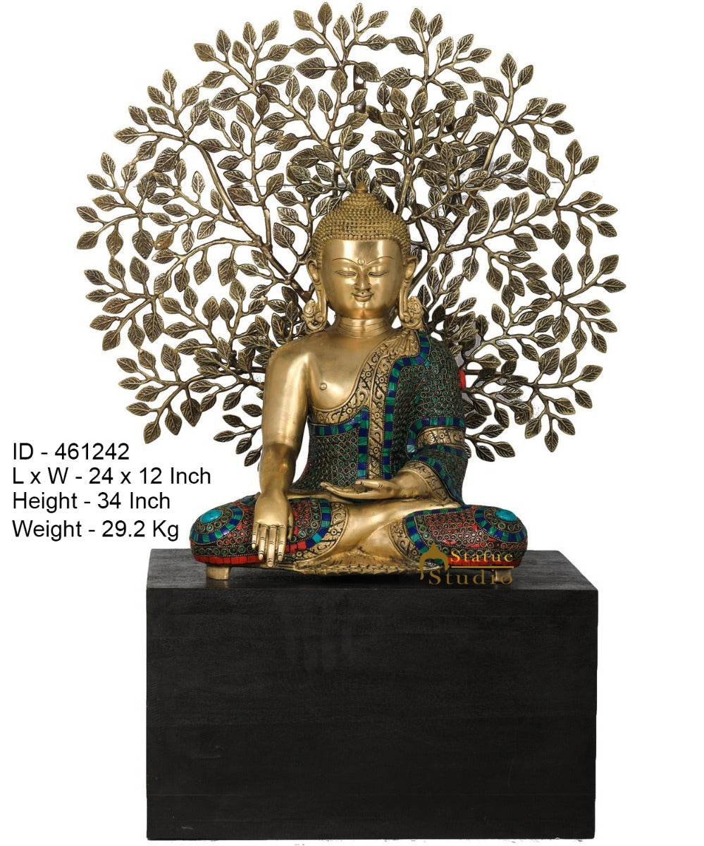 Brass Buddha Statue Sitting On Wooden Base Under Bodhi Tree Décor Showpiece 34"