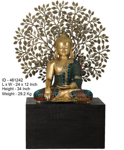Brass Buddha Statue Sitting On Wooden Base Under Bodhi Tree Décor Showpiece 34" by vendor-unknown - Buddha (View 5)