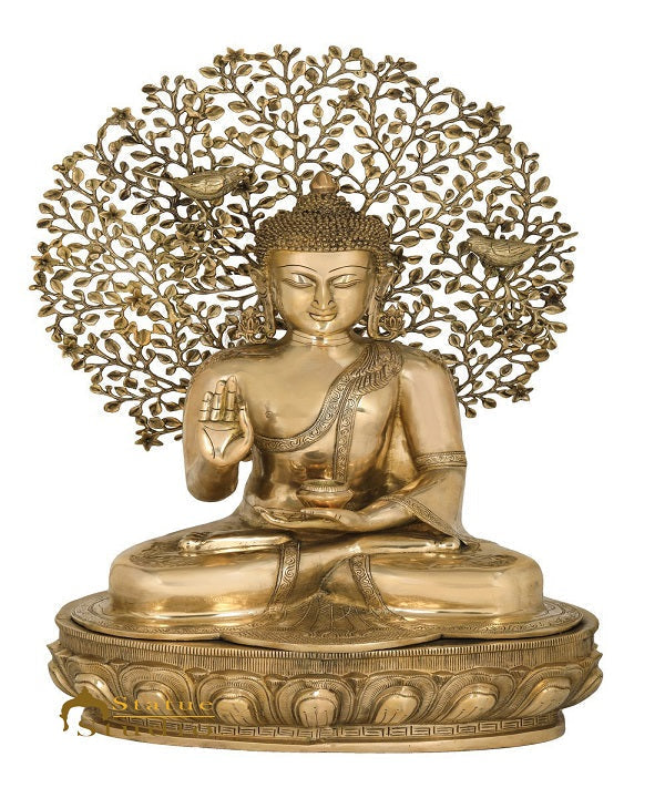 Brass Buddha Statue Sitting Under Bodhi Tree Home Office Garden Décor Showpiece 28" - Eco-friendly - Sama Homes