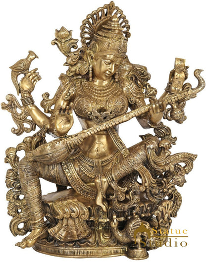 Brass Large Maa Saraswati Idol Home Temple School Temple Office Décor Statue 3 Feet by vendor-unknown - Hindu Gods (View 2)