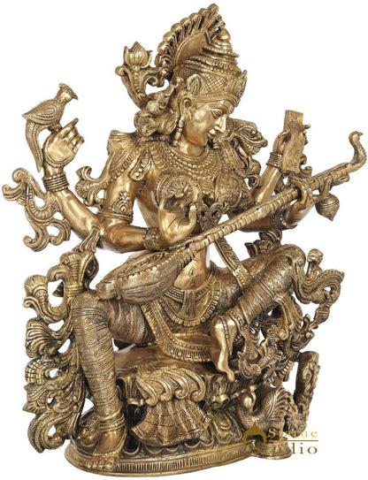 Brass Large Maa Saraswati Idol Home Temple School Temple Office Décor Statue 3 Feet by vendor-unknown - Hindu Gods (View 3)