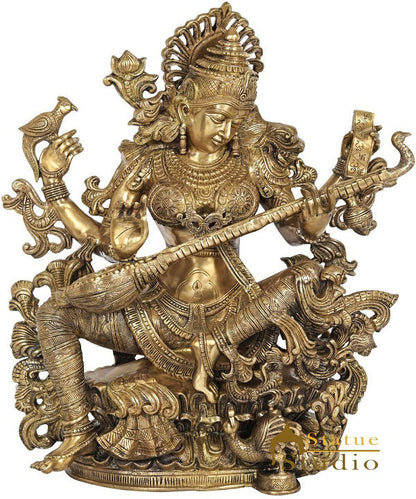 Brass Large Maa Saraswati Idol Home Temple School Temple Office Décor Statue 3 Feet by vendor-unknown - Hindu Gods