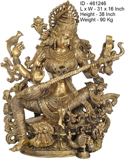 Brass Large Maa Saraswati Idol Home Temple School Temple Office Décor Statue 3 Feet by vendor-unknown - Hindu Gods (View 5)
