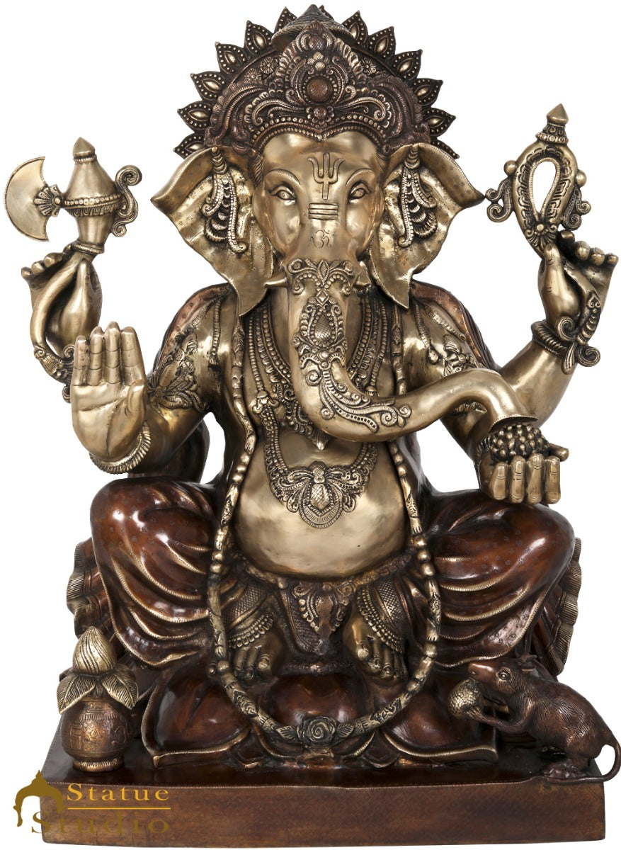 Brass Large Ganesha Statue Sitting On Lotus For Home Office Decor 2.5 Feet