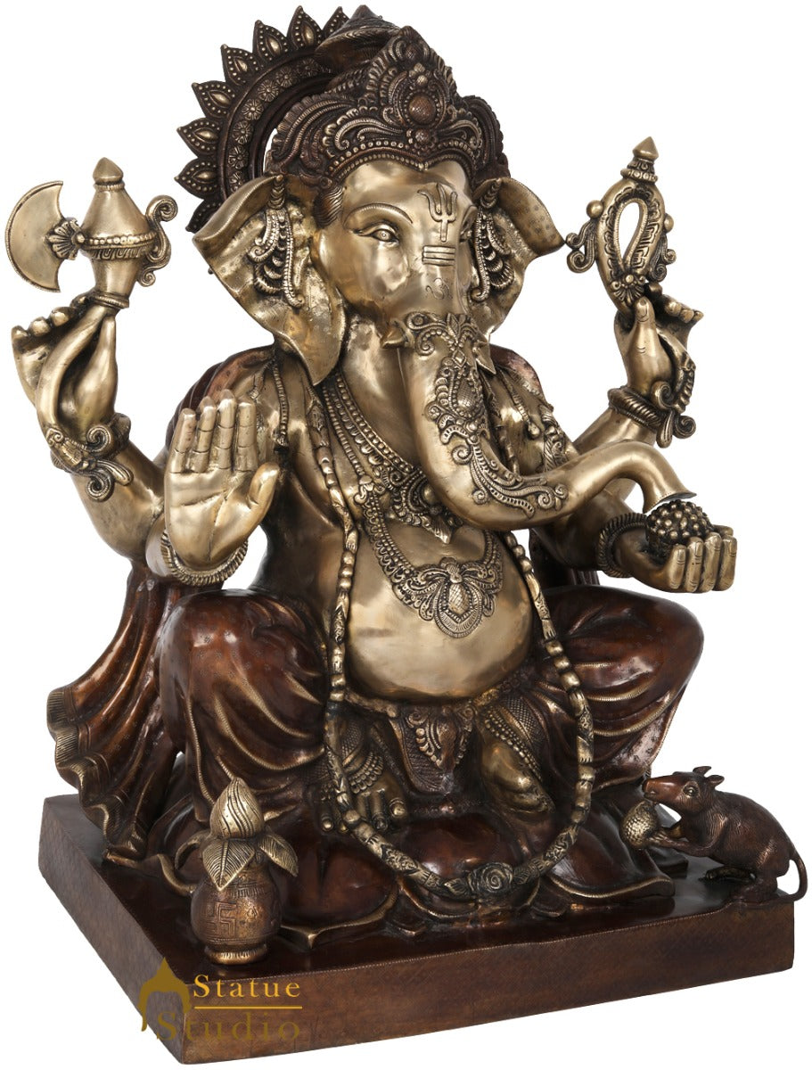 Brass Large Ganesha Statue Sitting On Lotus For Home Office Decor 2.5 Feet - Image 4