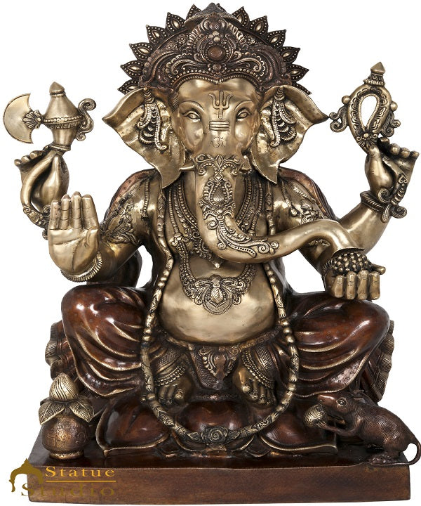 Brass Large Ganesha Statue Sitting On Lotus For Home Office Decor 2.5 Feet - Image 2