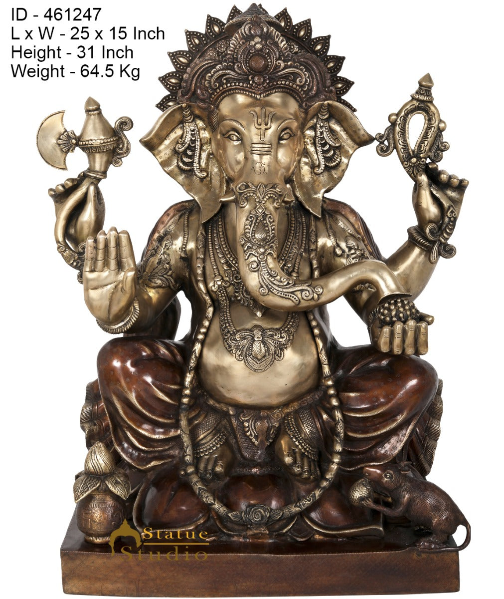 Brass Large Ganesha Statue Sitting On Lotus For Home Office Decor 2.5 Feet - Image 6