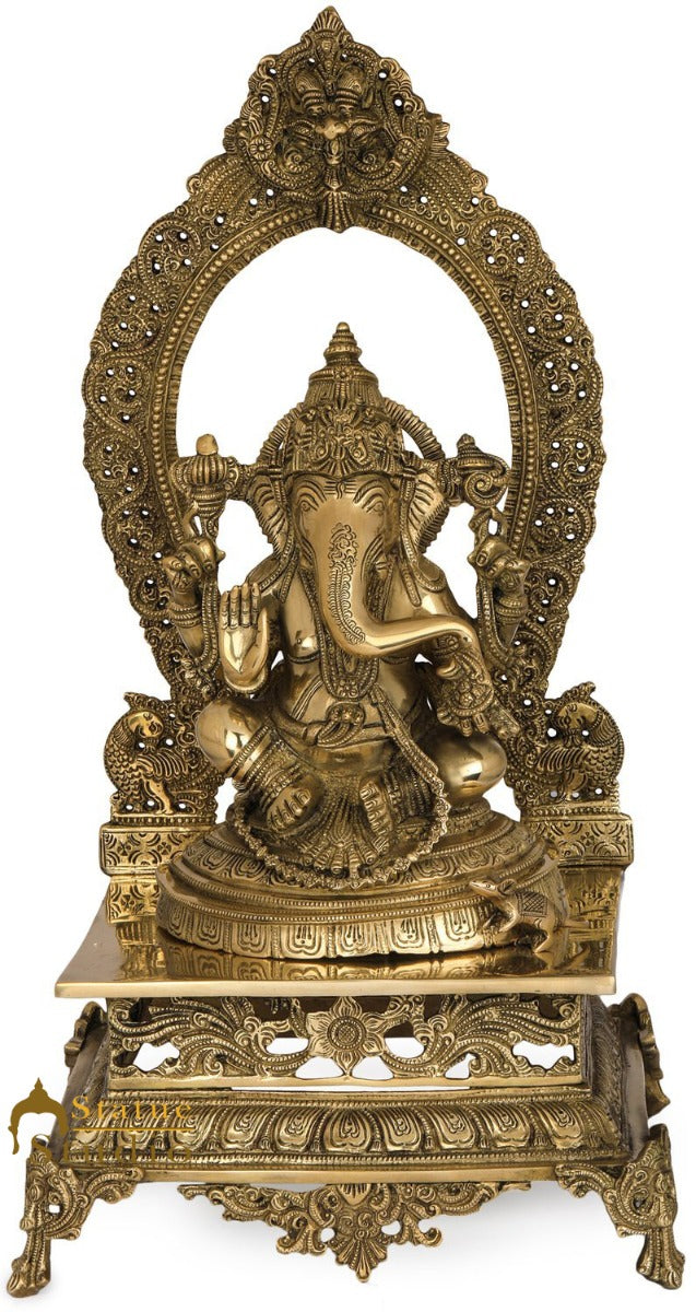 Brass Ganpati Statue Sitting On Prabhavali Throne Ganesha Décor Idol 21" - Image 2