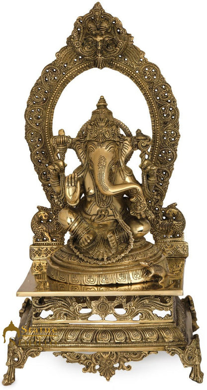 Brass Ganpati Statue Sitting On Prabhavali Throne Ganesha Décor Idol 21" by vendor-unknown - Hindu Gods (View 2)