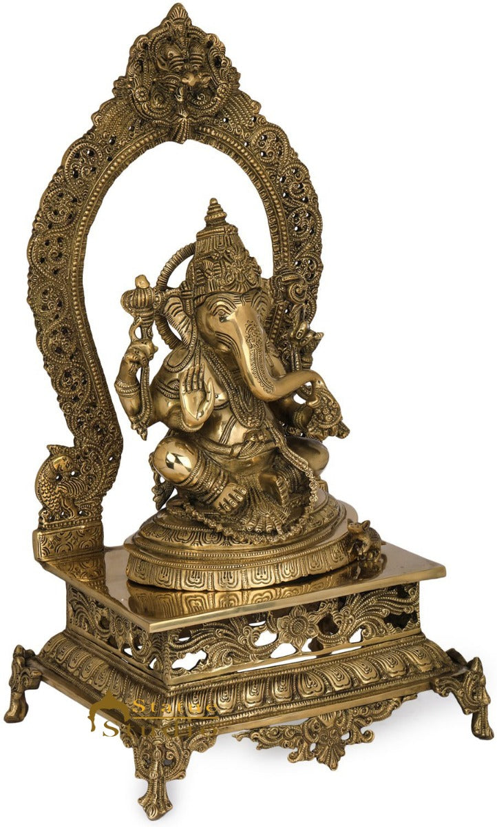 Brass Ganpati Statue Sitting On Prabhavali Throne Ganesha Décor Idol 21" - Image 3