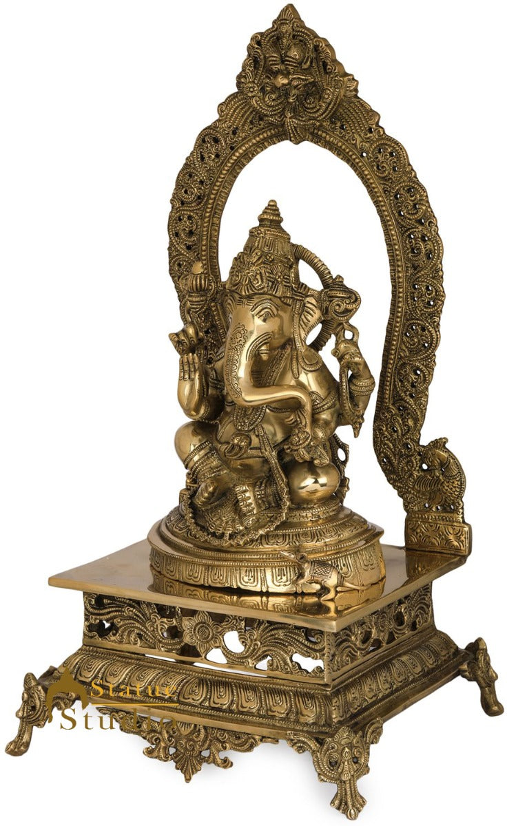 Brass Ganpati Statue Sitting On Prabhavali Throne Ganesha Décor Idol 21"