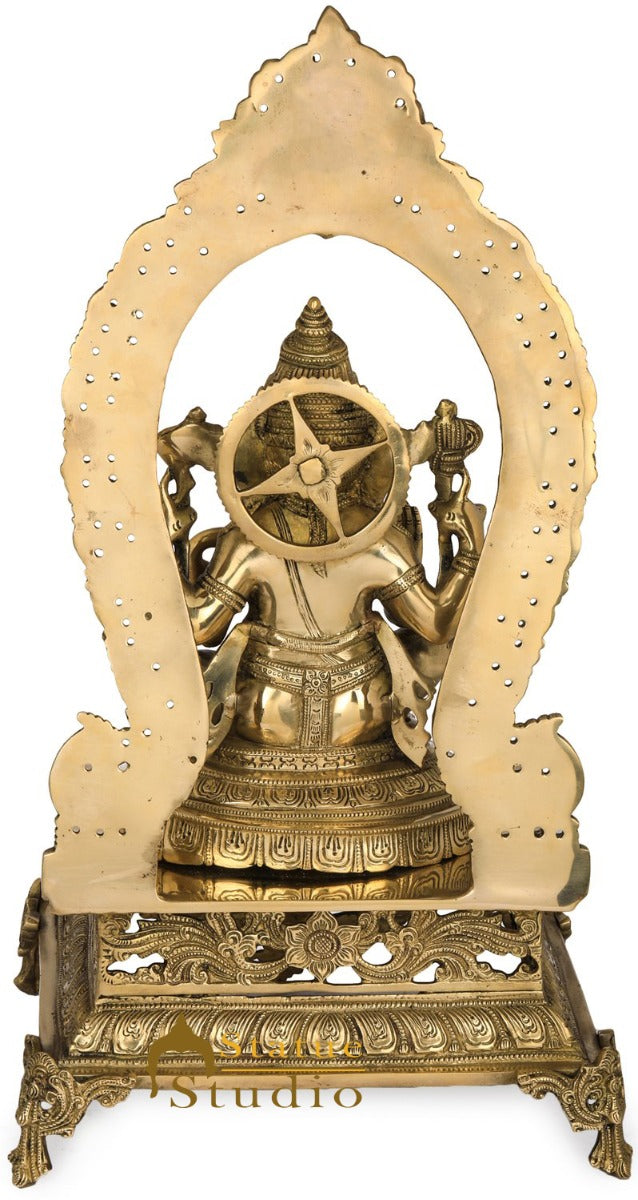 Brass Ganpati Statue Sitting On Prabhavali Throne Ganesha Décor Idol 21" - Image 5