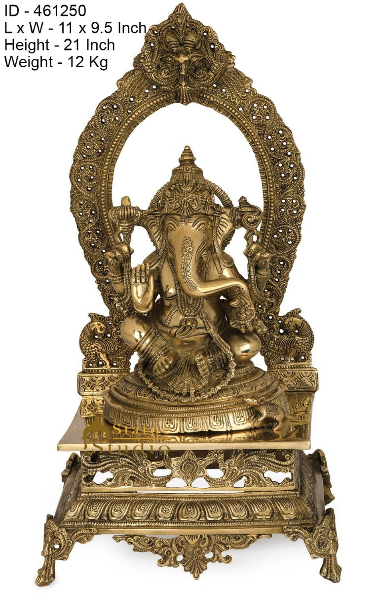 Brass Ganpati Statue Sitting On Prabhavali Throne Ganesha Décor Idol 21" - Image 6