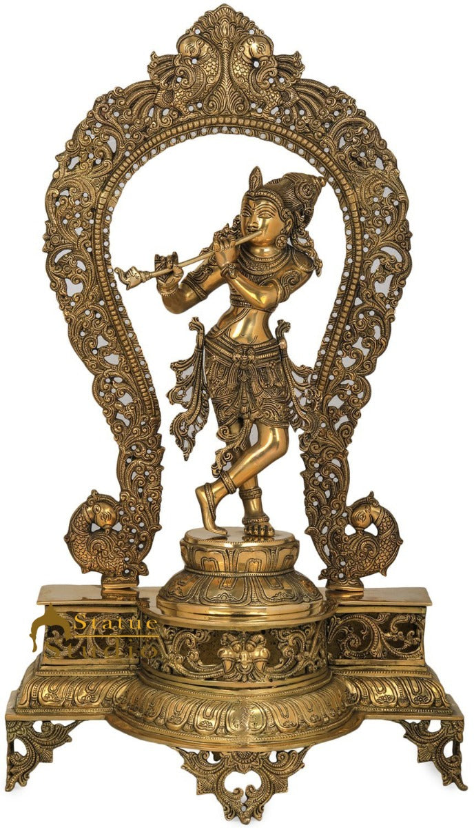 Brass Fine Krishna Idol Standing On Prabhavali Throne 2.5 Feet - Image 4