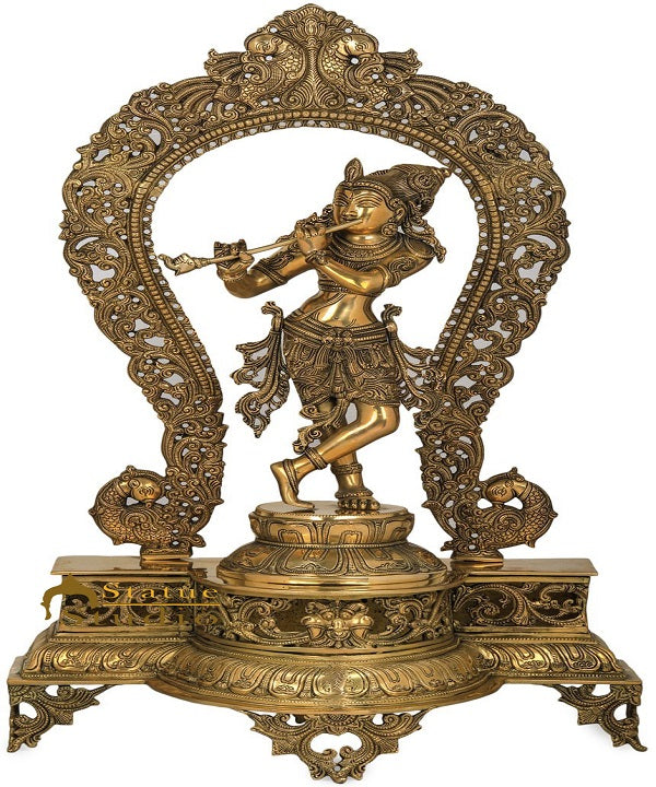 Brass Fine Krishna Idol Standing On Prabhavali Throne 2.5 Feet