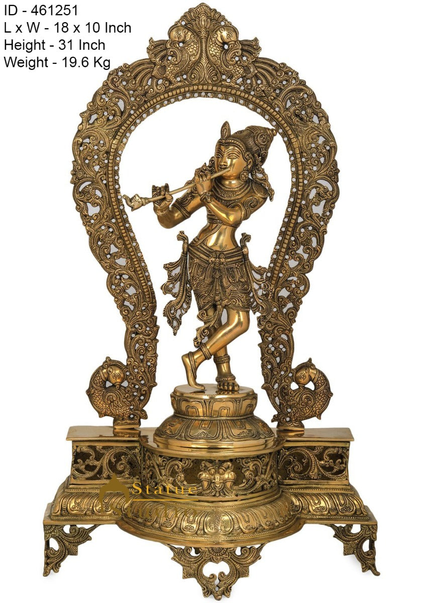 Brass Fine Krishna Idol Standing On Prabhavali Throne 2.5 Feet - Image 7
