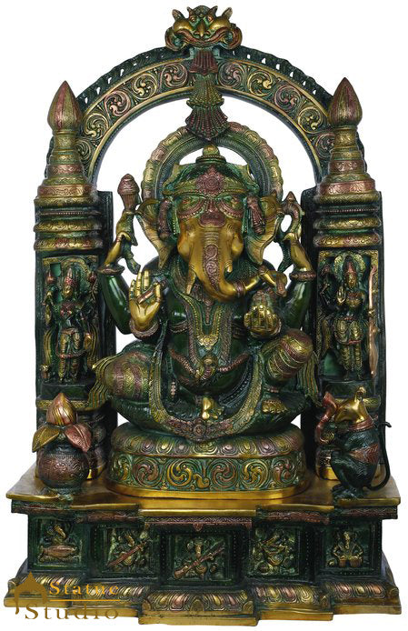 Brass large Size Temple Ganesha Statue Décor Lucky Gift Ganpati Idol 33" - Image 2