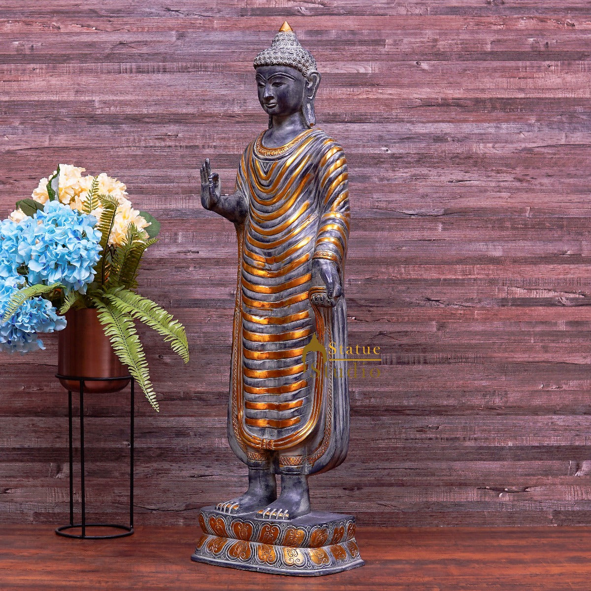 Brass Large Standing Buddha Statue Antique Finish For Home Decor Showpiece 3.5 Feet