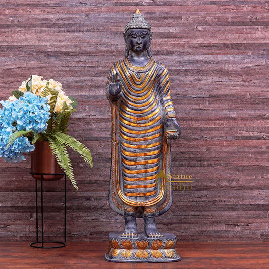 Brass Large Standing Buddha Statue Antique Finish For Home Decor Showpiece 3.5 Feet