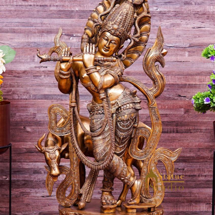 Brass Large Krishna Idol With Cow For Home Decor 3 Feet - Image 2