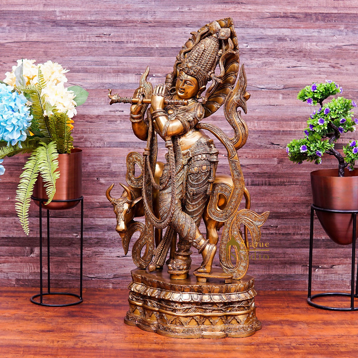 Brass Large Krishna Idol With Cow For Home Decor 3 Feet - Image 3