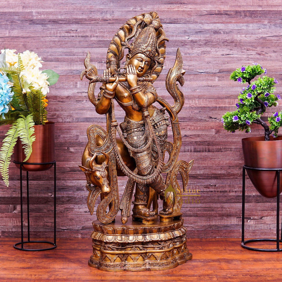 Brass Large Krishna Idol With Cow For Home Decor 3 Feet