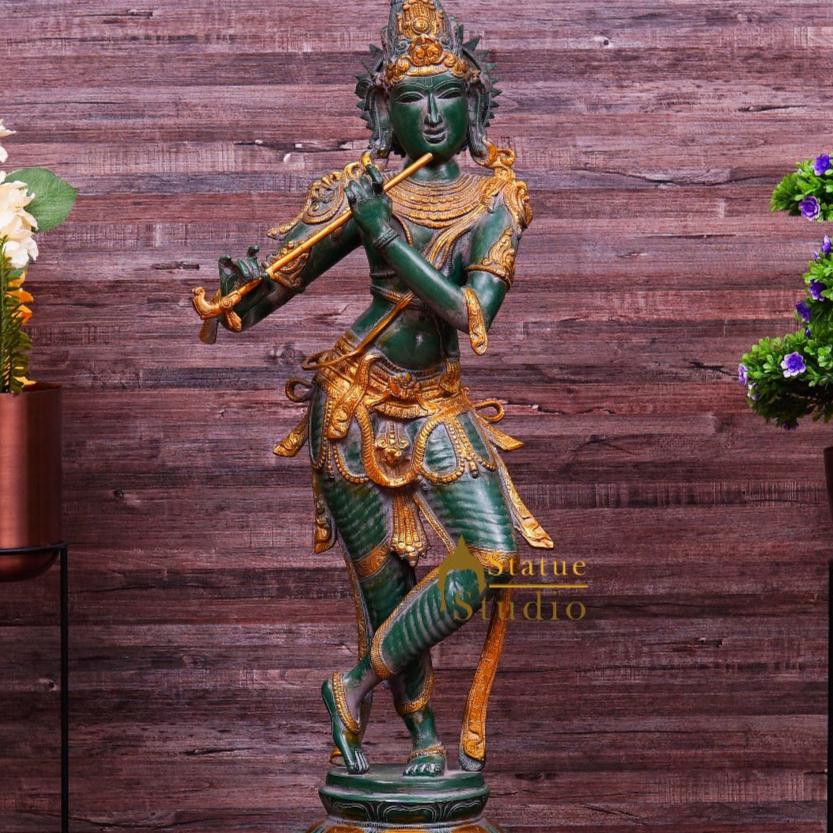 Brass Large Krishna Idol Antique Finish For Home Office Decor 3 Feet - Image 2