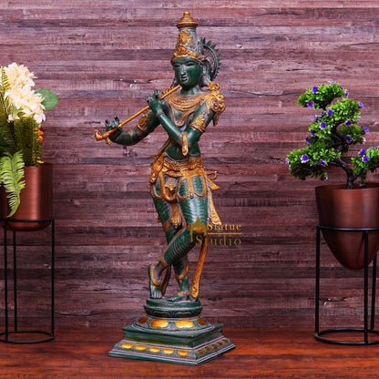 Brass Large Krishna Idol Antique Finish For Home Office Decor 3 Feet by vendor-unknown - Hindu Gods (View 3)