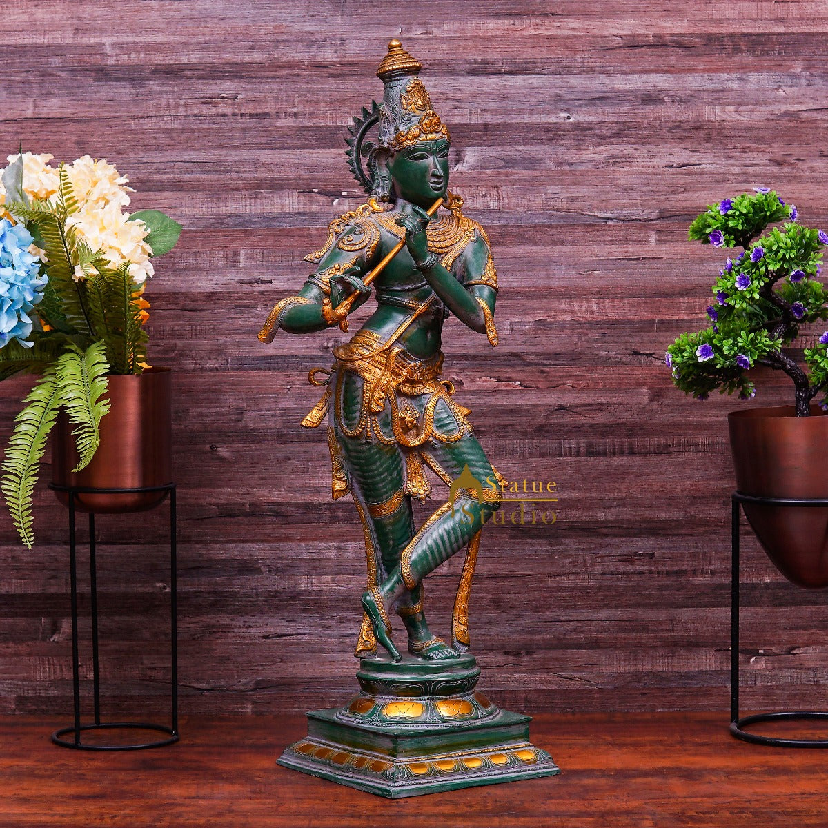 Brass Large Krishna Idol Antique Finish For Home Office Decor 3 Feet