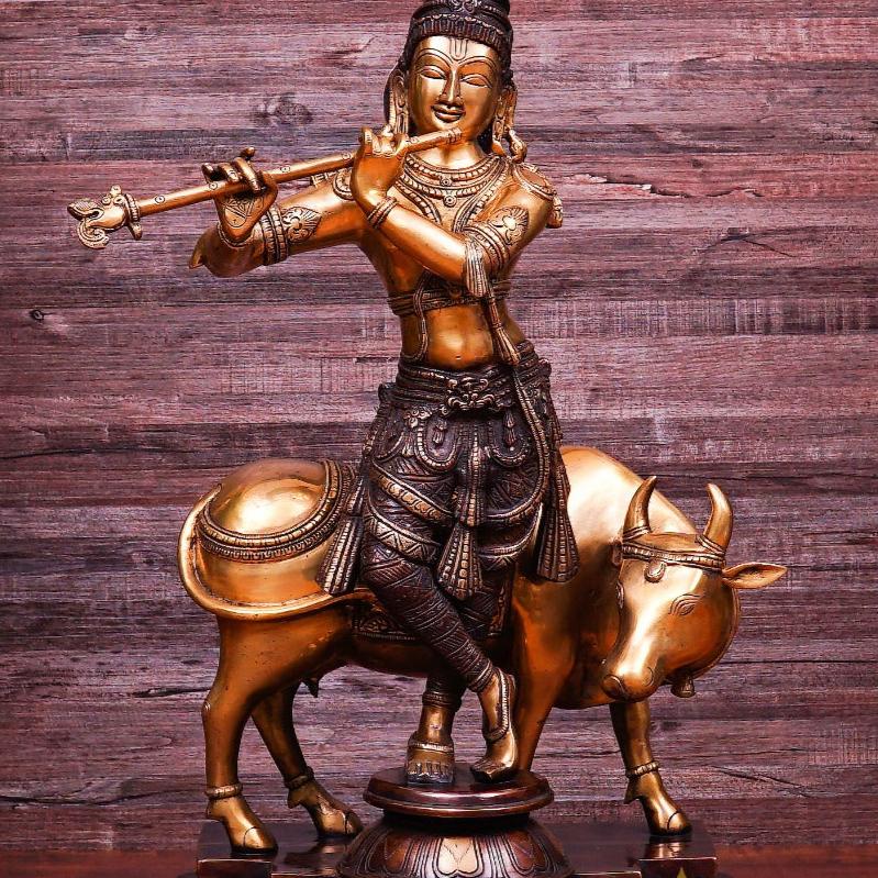 Brass Large Size Krishna With Cow Idol Home Office Garden Décor Statue 2 Feet