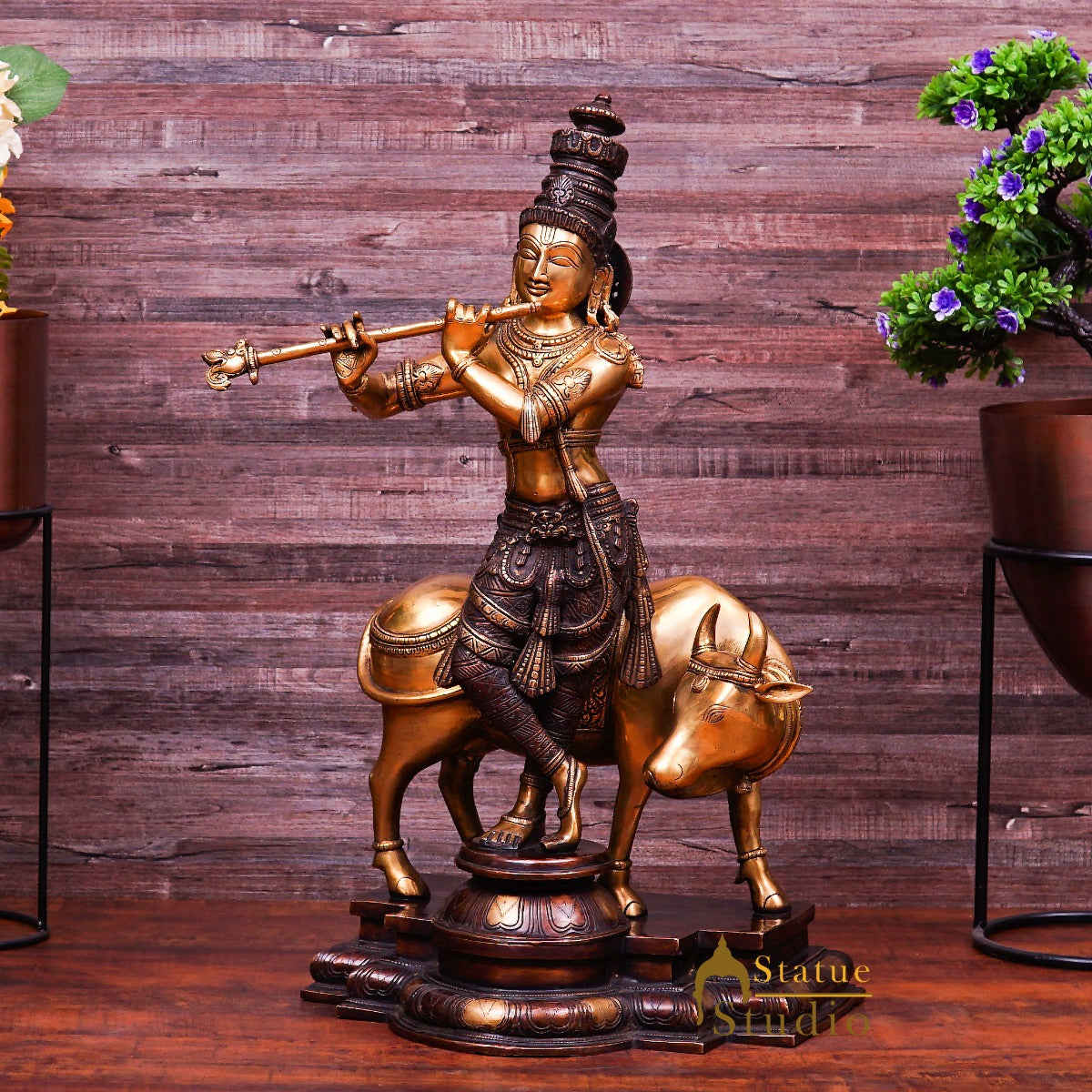 Brass Large Size Krishna With Cow Idol Home Office Garden Décor Statue 2 Feet - Image 4