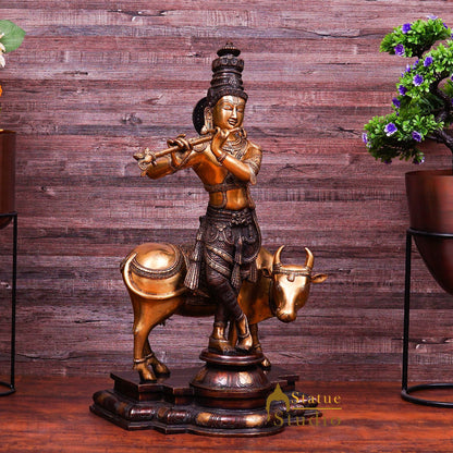 Brass Large Size Krishna With Cow Idol Home Office Garden Décor Statue 2 Feet by vendor-unknown - Hindu Gods (View 3)